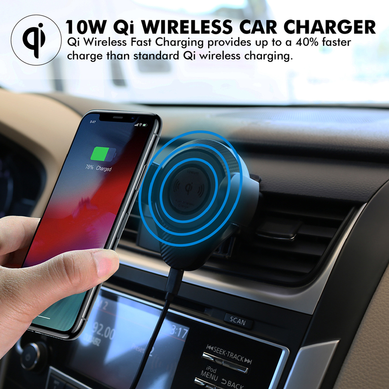 Promate AlphaMount Qi Wireless Car Charger Mount, 10W Fast Charging Car Phone Anti- Slip Holder with Dashboard Windshield Air Vent Mount and 360 Swivel Head, for Mobile Phones, Black