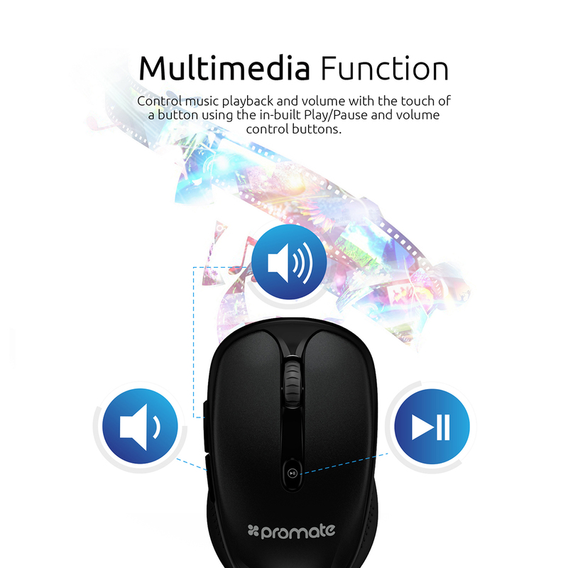 Promate CLIX-4 2.4Ghz Multimedia Wireless Optical Mouse, USB Adapter for Windows, Mac, Black