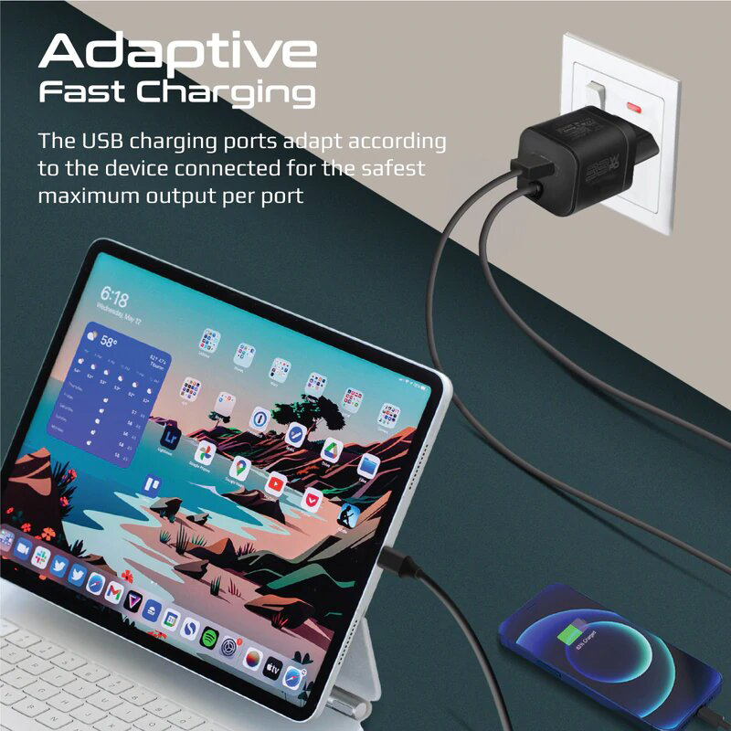 Promate USB-C EU Wall Charger, Premium 33W Adapter with 22.5W Quick Charge 3.0 Port, In-Built 1.5M Type-C Cable, PowerPort-PDQC3 EU, Black