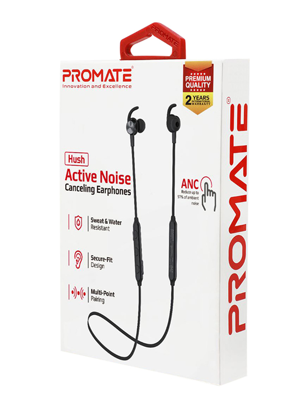 Promate Hush Wireless Bluetooth Noise Cancelling Music Neckband Headphone with IPX 4 Water Resistant, Built-In Mic and Multi-Point Paring for Workout, Running, Smartphones and iPod, Black