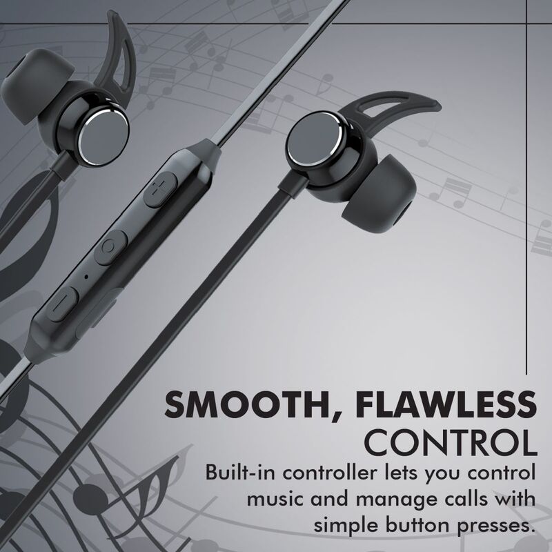 Promate Flow Wireless Bluetooth v5.0 Stereo Music Noise Cancelling Neckband Headphone with Lightweight IPX4 Water-Resistant, Built-In Mic, Multi-Point Pairing and Secure Fit Design, Black