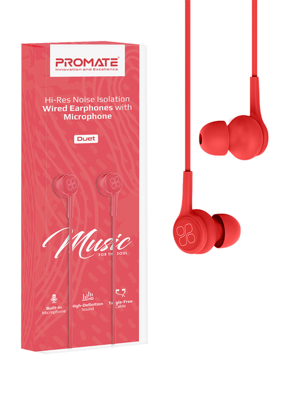 Promate Duet 3.5mm Jack In-Ear Hi-Res Noise Isolating Earphones with Built-in Mic, Red
