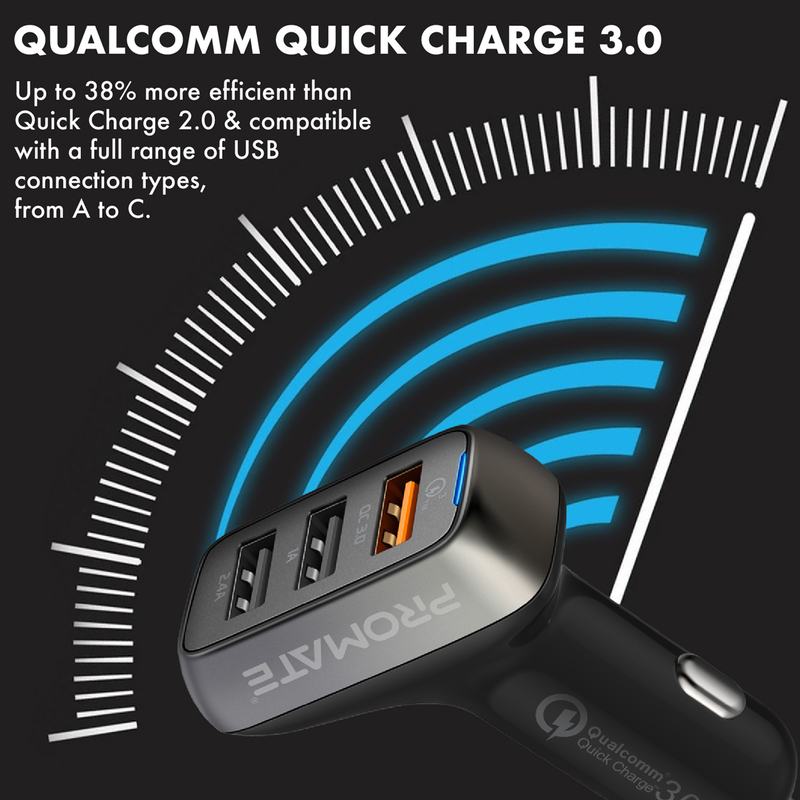 Promate Scud-C35 3 Port USB Car Charger, Fast 30W 3.4A Dual USB Car Charger Adapter with Qualcomm Quick Charger 3.0 USB Port and Over-Heating Protection for iPad, GPS, Mobile Phones and Tablets,Black