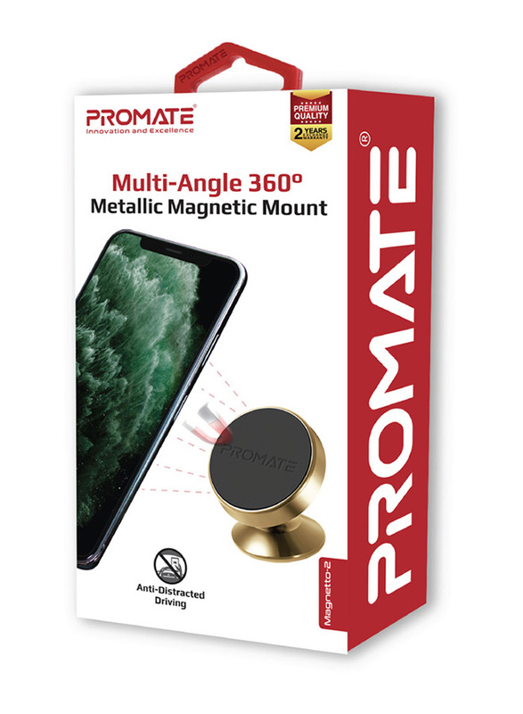 Promate Magnetto-2 Magnetic Car Smartphones/Tablets Holder, Multi-Angle 360° Metallic Magnetic Mount with Anti-Slip Surface, Fast Swift-Snap Technology, Gold