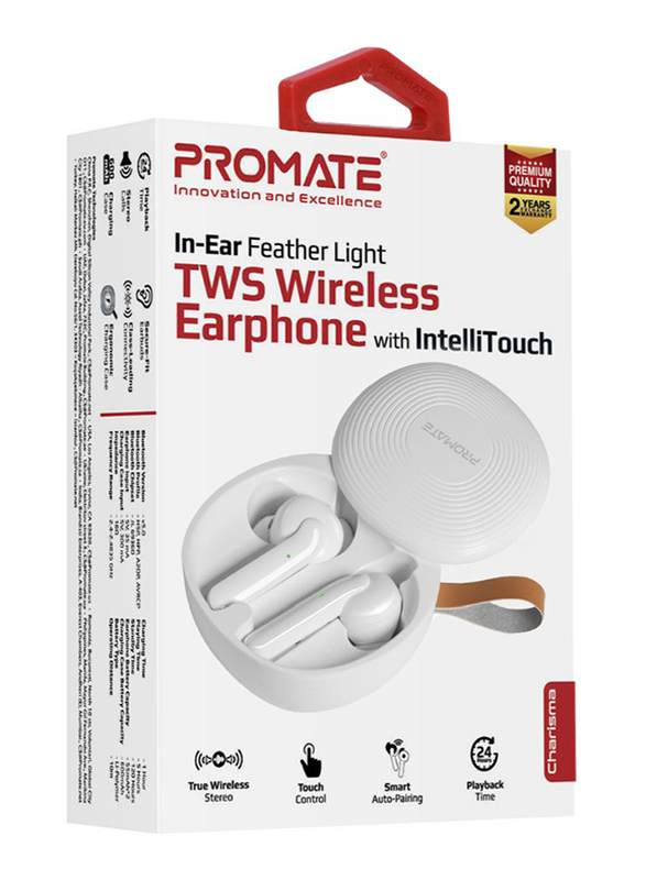 Promate Charisma True Wireless In-Ear Earbuds, Bluetooth 5.0, Stylish TWS Stereo with Touch Control, Charging Case, Anti-Drop Ear Hooks, 24H Playtime and Built-In Mic, White