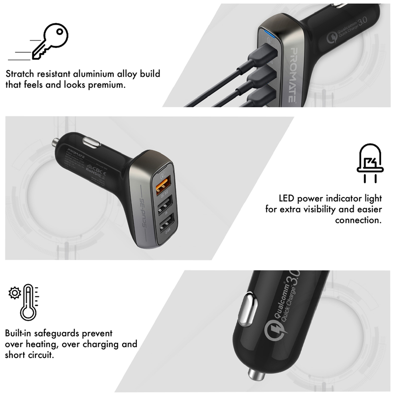 Promate Scud-C35 3 Port USB Car Charger, Fast 30W 3.4A Dual USB Car Charger Adapter with Qualcomm Quick Charger 3.0 USB Port and Over-Heating Protection for iPad, GPS, Mobile Phones and Tablets,Black