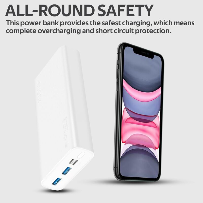 Promate 20000mAh Bolt-20 Fast Charging Portable Power Bank, with 2A Dual USB Port, Over-Charging Protection and USB-C, Micro USB Input Port, White