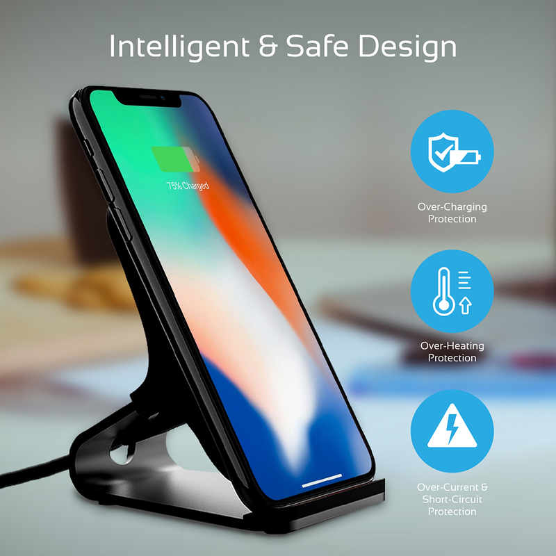 Promate AuraDock-6 Qi Wireless Charging, Fast 15W Wireless Charging Pad Stand with Dual Charging Coil, QC 3.0 Wall Charger, USB-C Sync Charge Cable and Multiple Charging Area, for Mobile Phones, Grey
