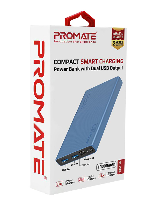Promate 10000mAh Bolt-10 Portable Fast Charging 2.0A Dual USB Premium Battery Power Bank, with Input USB Type-C Port, Over Charging Protection, Blue