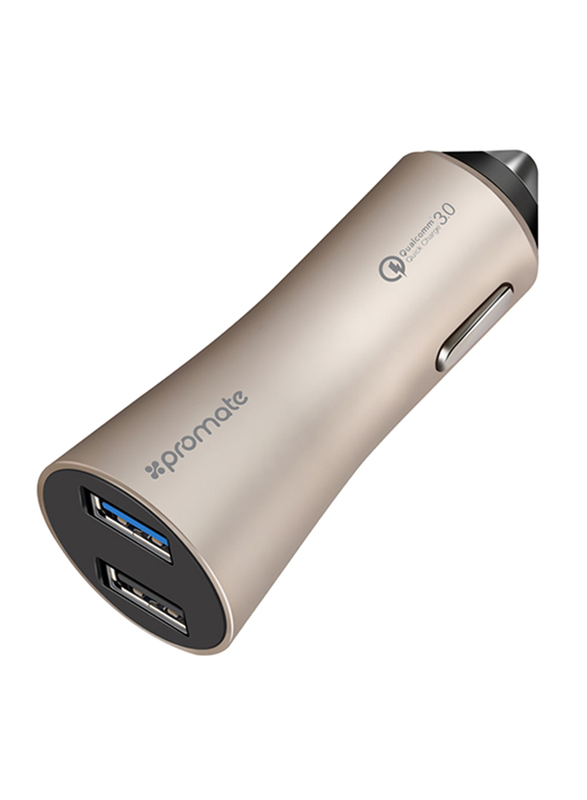 Promate Robust-QC3 Car Charger, Heavy-Duty Qualcomm Quick Charger 3.0 Dual USB Port Car Charger with Short Circuit and Over Charging Protection for GPS, iPod, Mobile Phones and Tablets, Gold