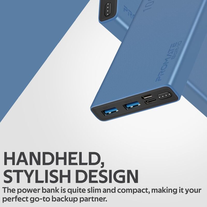 Promate 10000mAh Bolt-10 Portable Fast Charging 2.0A Dual USB Premium Battery Power Bank, with Input USB Type-C Port, Over Charging Protection, Blue