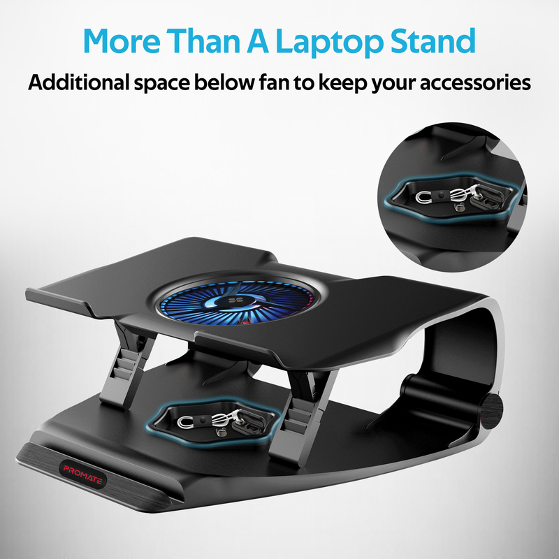 Promate Frostbase Cooling Pad for Gaming Laptop Upto 17-inch, Dual USB Port, Smart LED Illumination and Built-In Smartphone/Tablet Holder for Laptops/Smartphones/Tablet, Black