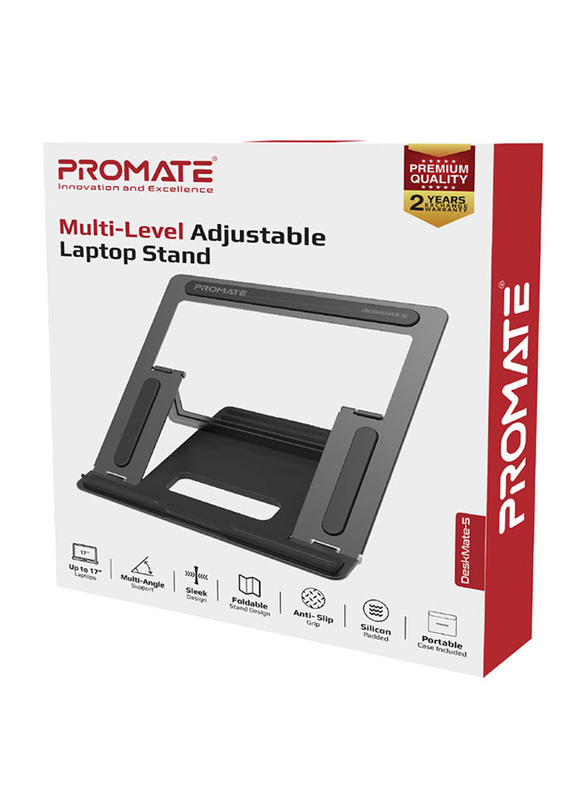 Promate Desk Mate 5 Aluminum Stand for Laptops Up to 17-inch, Anti-Slip Silicon Pads and Foldable Design, Grey