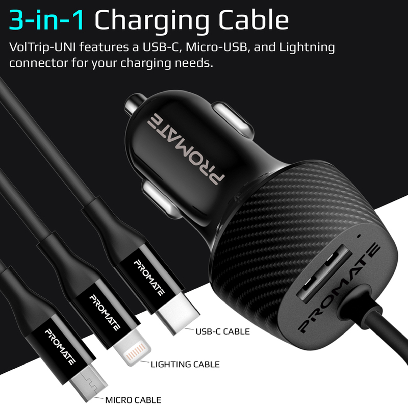 Promate VolTrip-UNI USB Car Charger with Cord, 3.4A Quick Charger Adapter with Built-In 3-in-1 Splitter USB-C, Micro-USB Charging Cable and 2.4A USB Port, for GPS, Mobile Phones and Tablets, Black