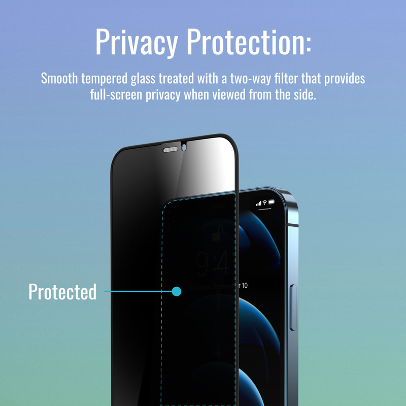 Promate Apple iPhone 12 Aegis Anti-Spy 3D Tempered Privacy Glass Screen Protector, with Built-In Silicone Bumper, 9H Hardness and Shatter Protection, Black