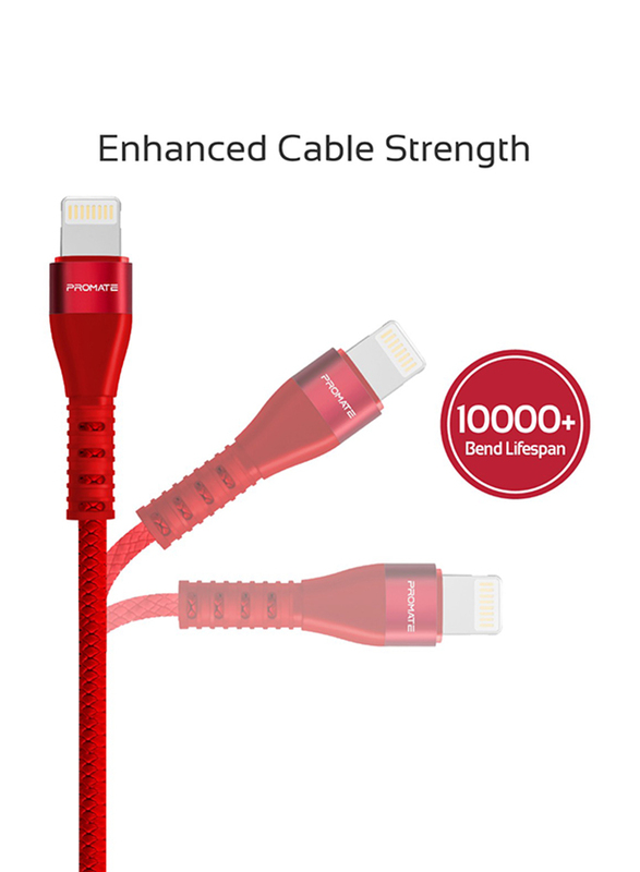 Promate 1.2-Meter VigoRay-I Lightning Cable, Reversible USB-A Male to Lightning, 2A High-Speed Fast Charge/Sync, Tangle Free, Long Bend Lifespan for Apple iPhone XS/XS Max/XR/iPad Pro/iPod, Red