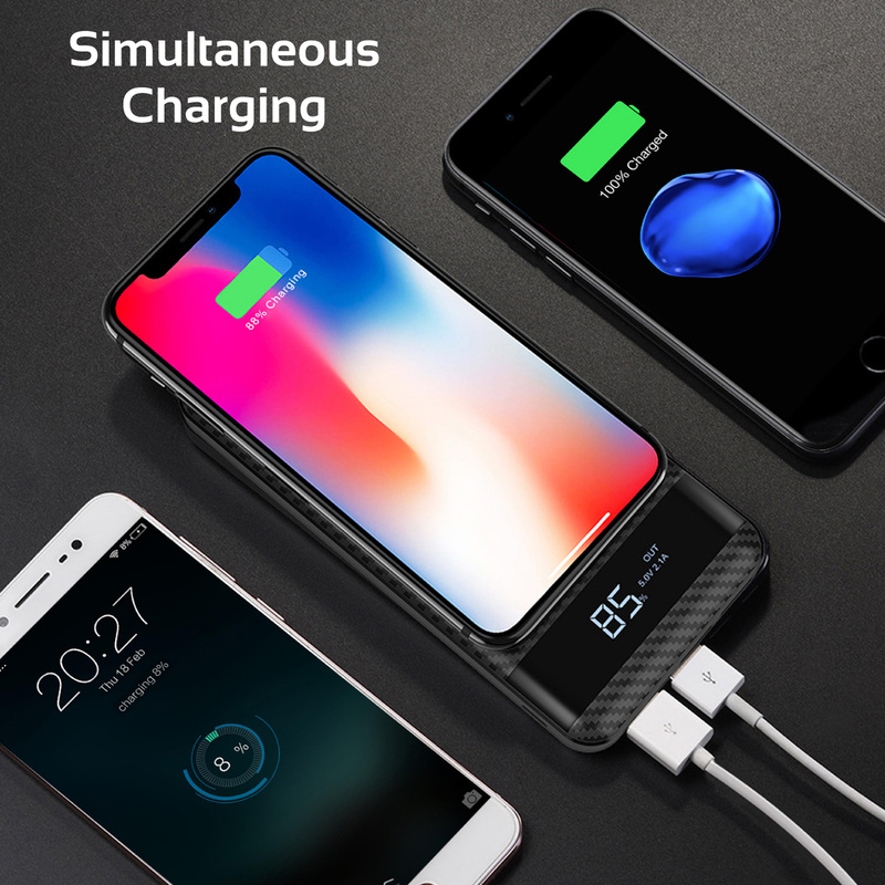 Promate 10000mAh AuraPack-10 Wireless Power Bank, Qi Wireless Charger with Lightning and Micro-USB Input, LED Display, Dual USB Output, 2-way Type-C Charging Port for USB Enables Devices, Black