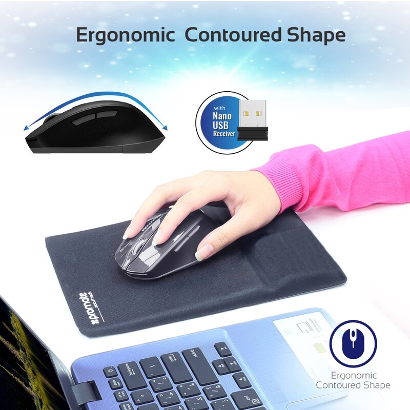 Promate CLIX-6 Wireless Mouse, 2.4G Ergonomic Designed with USB Nano Receiver, 15m Working Distance, Auto Sleep Function and 3 Adjustable DPI, Black
