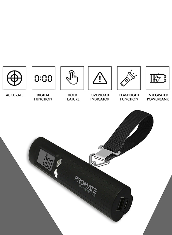 Promate 2600mAh PowerScale Power Bank, Multi-Function 3-in-1 Digital Luggage Scale, Black