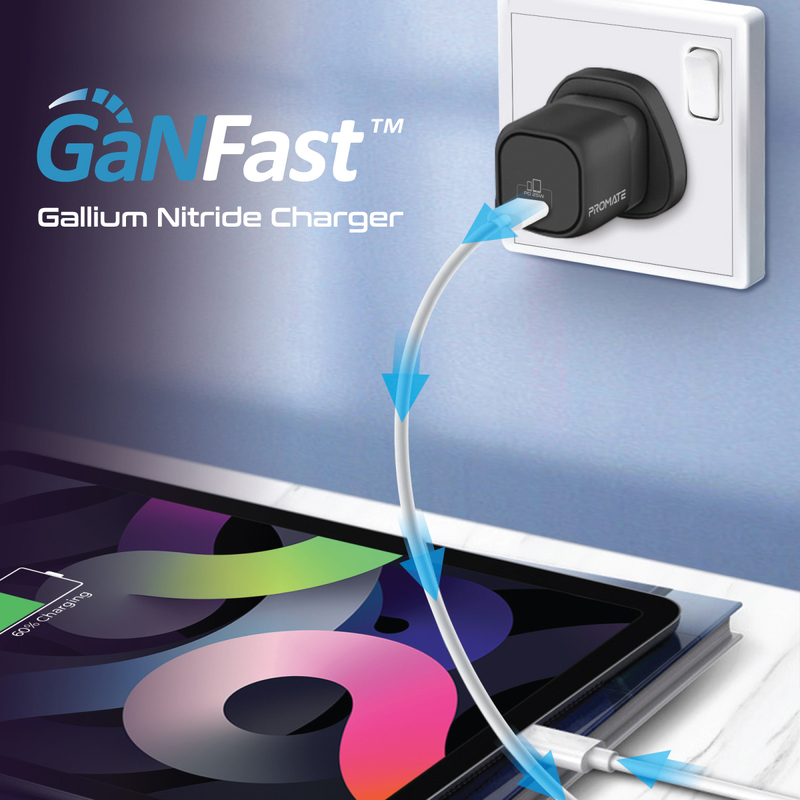 Promate GaN Ultra-Compact USB-C UK Wall Charger with Fast-Charging USB-C 25W Power Delivery Port, PowerPort-25, Black