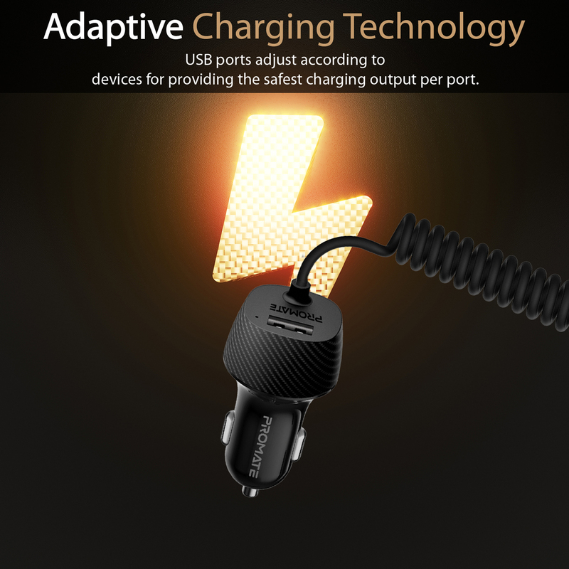 Promate VolTrip-C Charger Car Charger Adapter, Fast Charging 3.4A USB Car Charger with Integrated Built-In Coiled USB-C and Short Circuit Protection, for GPS, Mobile Phones and Tablets, Black