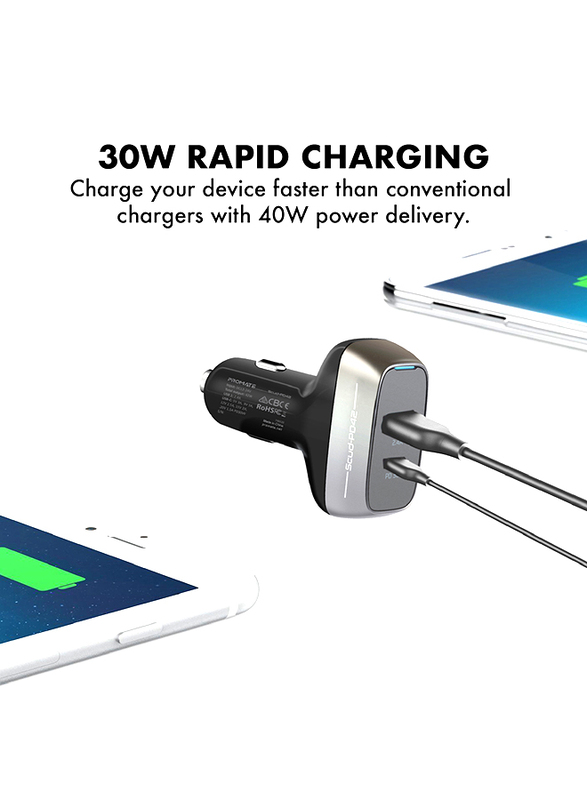 Promate Scud-PD42 Type-C Power Delivery Car Charger, 42W Fast Charging Cigarette Lighter Outlet Adapter with 5V/2.4A USB Port and Over-Charging Protection, for Laptops, Mobile Phones, iPad Pro, Black