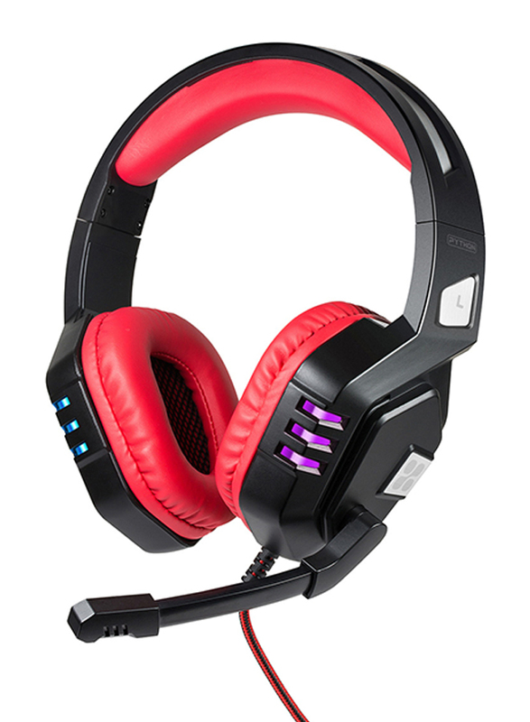 Promate Python Over-Ear Gaming Noise Cancelling Headset, Haptic Feedback with Unidirectional Mic, Soft Memory Earmuffs, Volume Control and LED Light, Red