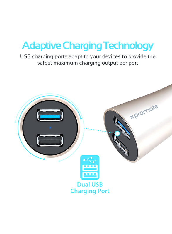 Promate Robust-QC3 Car Charger, Heavy-Duty Qualcomm Quick Charger 3.0 Dual USB Port Car Charger with Short Circuit and Over Charging Protection for GPS, iPod, Mobile Phones and Tablets, Gold