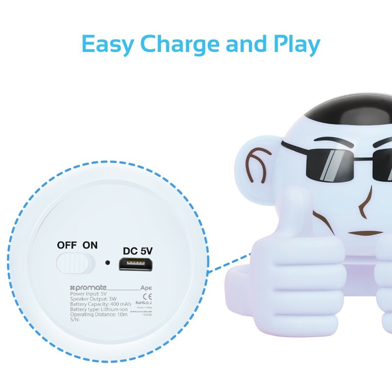Promate Ape Bluetooth Speaker, Portable Monkey Shape Multifunction Wireless with 3.5mm Audio Jack and Thumbs-up Adjustable Flexible Smartphone Holder, White
