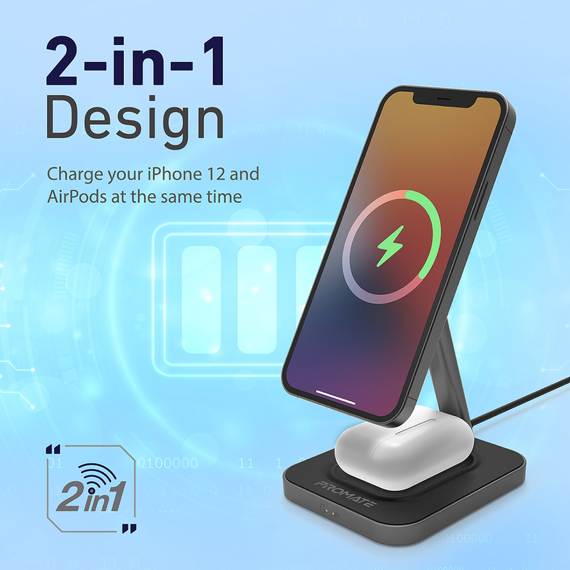 Promate 2-in-1 15W Magnetic Fast Wireless Charger with Adjustable Neck and Anti-Slip 5W Charging Pad, Grey