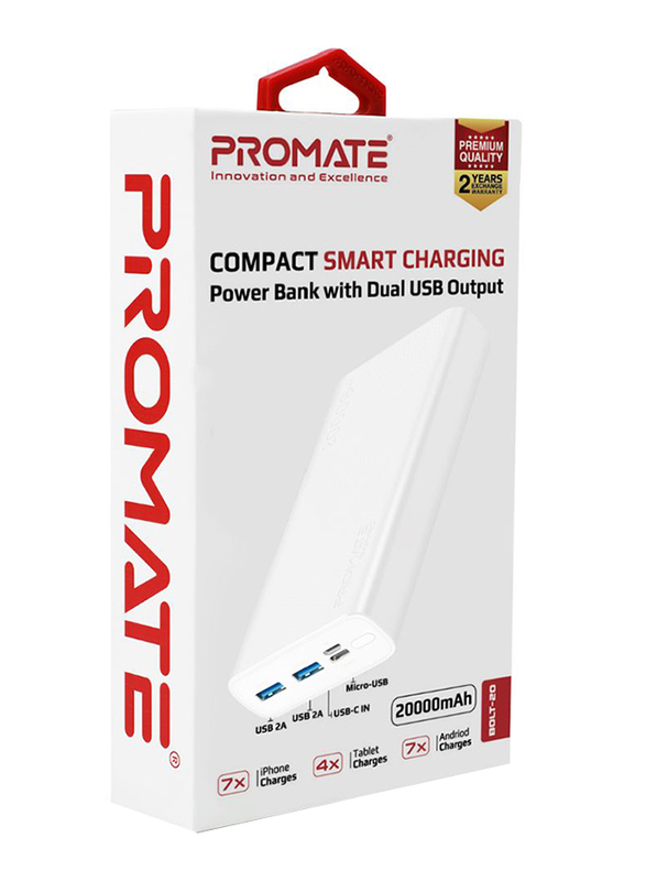 Promate 20000mAh Bolt-20 Fast Charging Portable Power Bank, with 2A Dual USB Port, Over-Charging Protection and USB-C, Micro USB Input Port, White