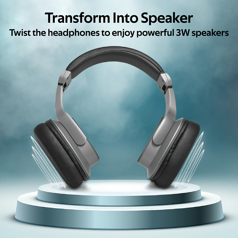 Promate Corvin Wireless 2-in-1 High Definition Over-Ear Headphones with Built-in Mic and 6W Speaker, MicroSD Card Slot, Grey