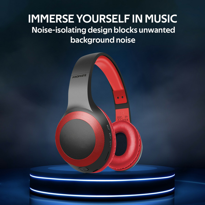 Promate Laboca Wireless Over-Ear Deep Bass Headphones with Built-in Mic, MicroSD Card Slot, Red