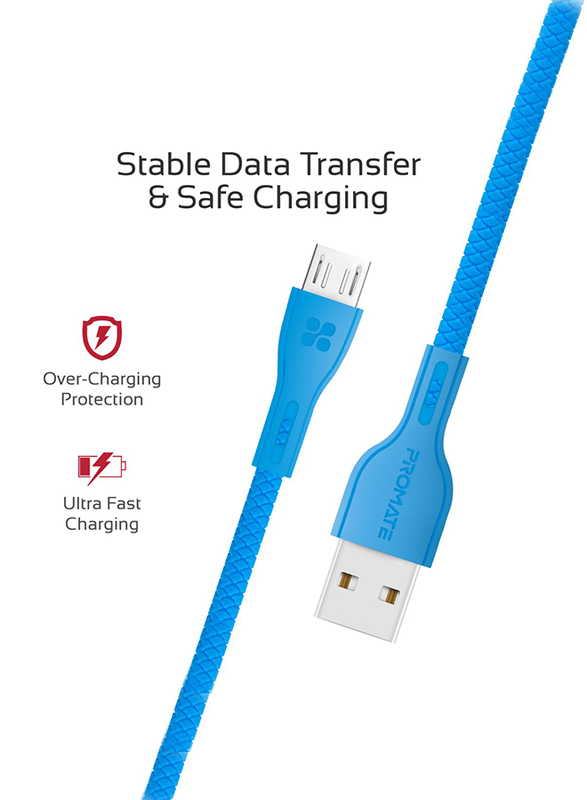 Promate 1.2-Meter PowerBeam-M Micro-USB Cable, 2A Fast USB A 2.0 Male to Micro-B USB, High-Quality Anti-Break, Charge/Sync, Anti-Tangle Cable for Samsung/HTC/Motorola/Nokia/MP3 Player, Blue