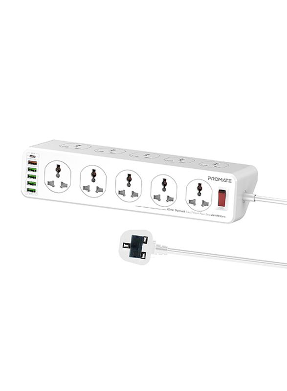 Promate 10 AC Outlets UK Plug Wall Charger with 4 USB-C PD 20W Ports and 5-Meter Cable, PowerMatrix-5M, White