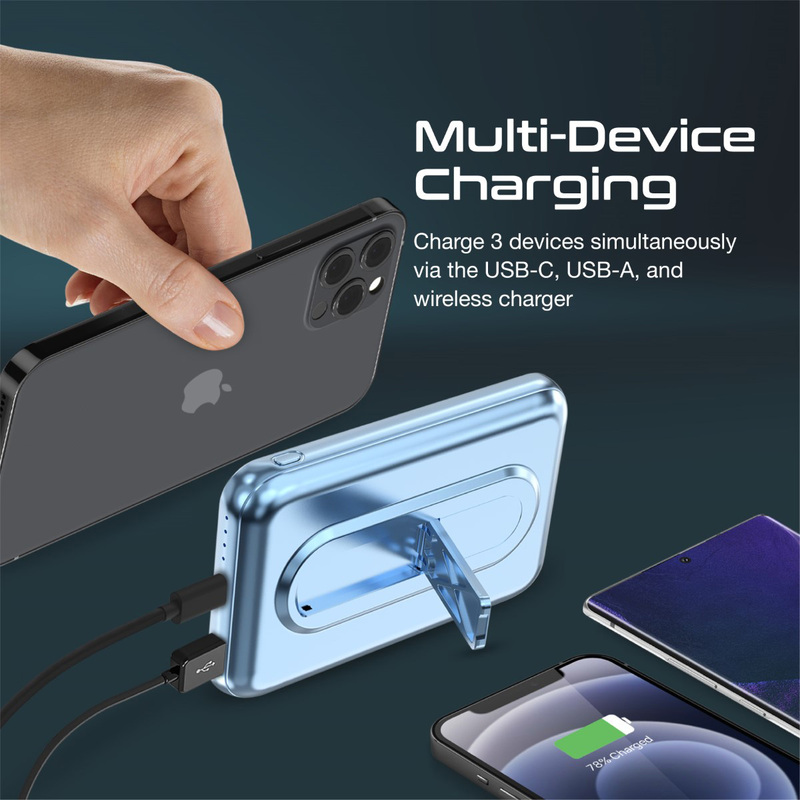 Promate 10000mAh Magnetic Wireless Power Bank with 15W Magnetic Wireless Charger 20W USB-C Power Delivery Port, 18W QC 3.0 Port and Foldable Stand for iPhone 13, iPad Air PowerMag-10Pr, Blue