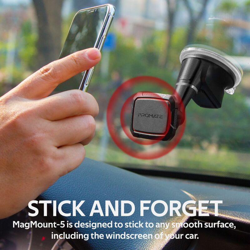 Promate MagMount Magnetic Car Phone Mount, Universal Windshield Magnetic Suction Cup Mount with 6 Neodymium Magnets, Anti-Slip Grip and 360 Rotation View, Maroon