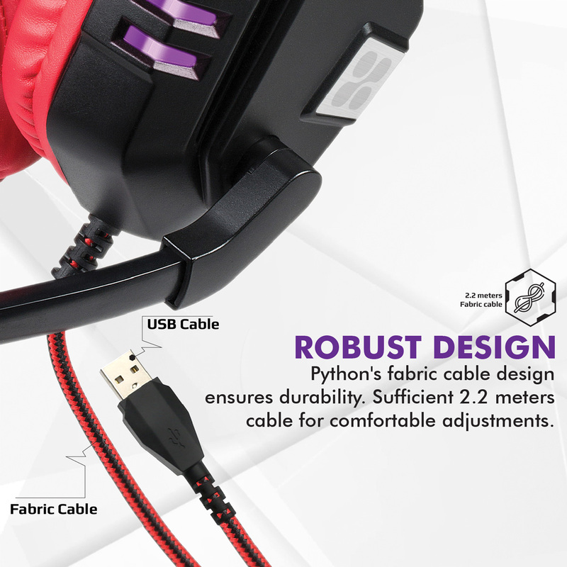 Promate Python Over-Ear Gaming Noise Cancelling Headset, Haptic Feedback with Unidirectional Mic, Soft Memory Earmuffs, Volume Control and LED Light, Red