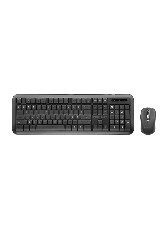 Promate Wireless English Keyboard and Mouse Combo with USB Type-A/USB Type-C Nano Receiver, ProCombo-6, Black
