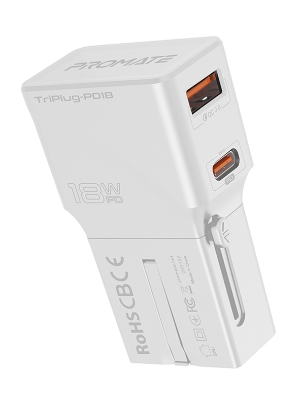 Promate TripPlug-PD18 Universal International AC Wall Charger, with 18W Type-C Power Delivery and Qualcomm QC3.0 USB A Ports, Over-Charging Protection, White