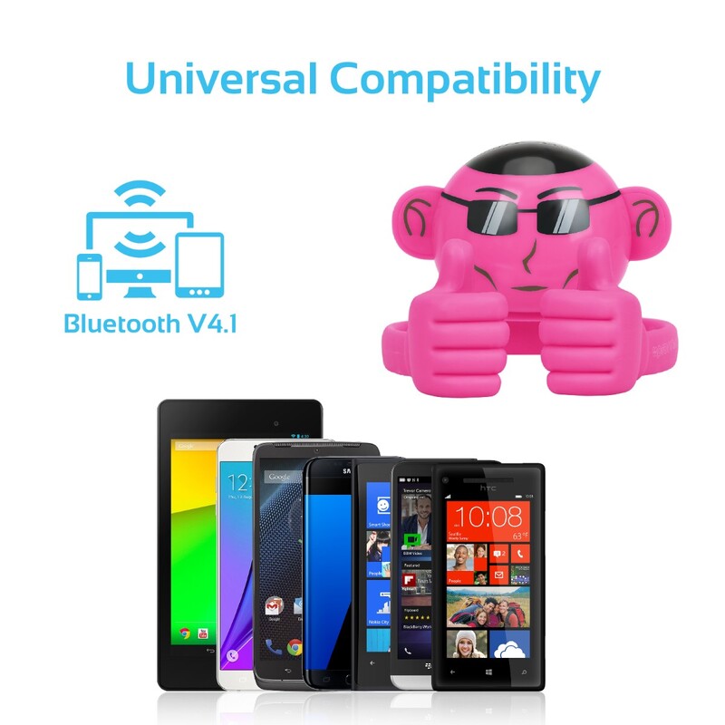 Promate Ape Bluetooth Speaker, Portable Monkey Shape Multifunction Wireless with 3.5mm Audio Jack and Thumbs-up Adjustable Flexible Smartphone Holder, Pink