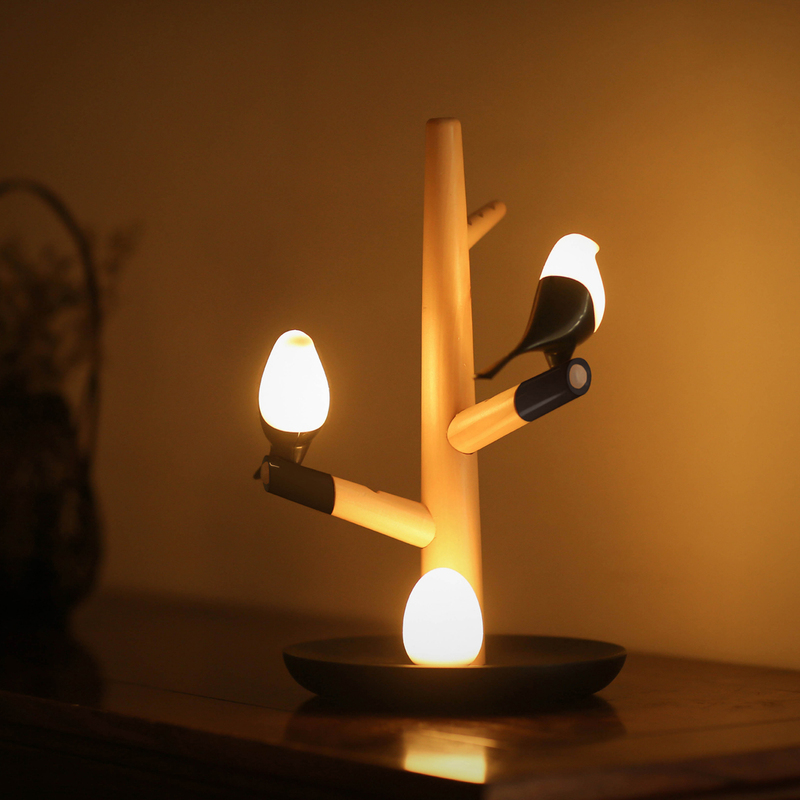 Promate HomeTree-1 Night LED Desk Lamp, Home Tree Birds/Eggie, Detachable Motion Sensor LED Lights, Magnetic Mounts/Built-In Rechargeable Battery for Home/Table Lamp/Key Storage, Beech/Black/White