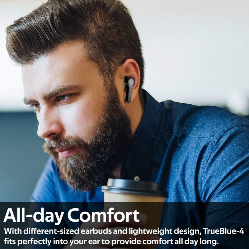 Promate TrueBlue 4 Wireless Bluetooth v5.0 In-Ear Noise Cancelling Music Earbuds with 300mAh Charging Case, Water Resistant and Built-In Mic, Black