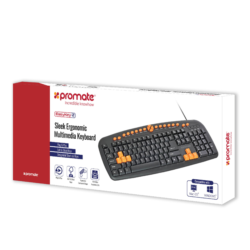 Promate EasyKey-2 Gaming Keyboard, Ergonomic Multimedia with Swappable Gaming Keys, 10 Million Keystroke Life, Quiet Keys, Black