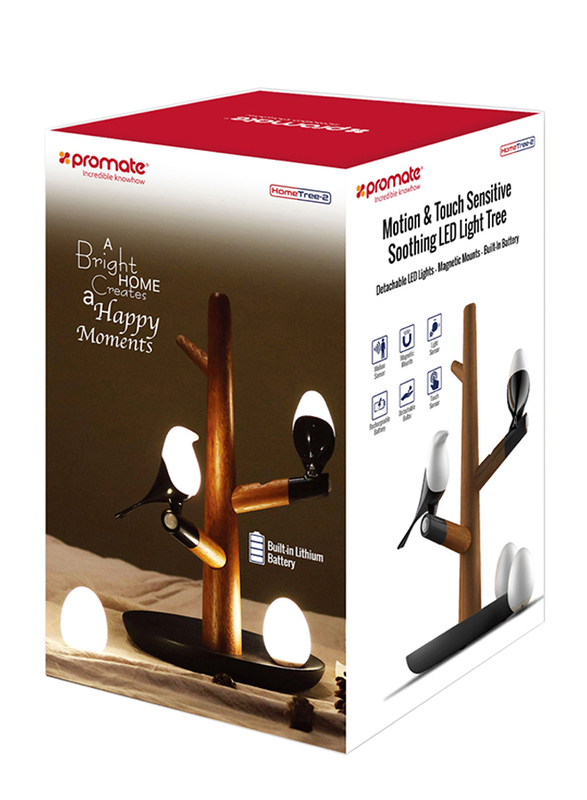 Promate HomeTree-2 LED Desk Lamp, Touch Sensor Magpie/Egg Night Light Home Decor, Detachable Bulbs, Magnetic Mounts and Built-In Rechargeable Battery for Home/Key Storage, Sapele/Black/White