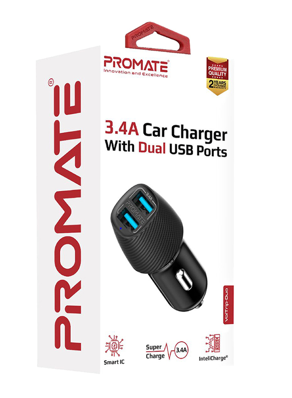 Promate VolTrip Duo 3.4A Fast Charging Car Charger, with Smart Output and Short Circuit Protection, Black