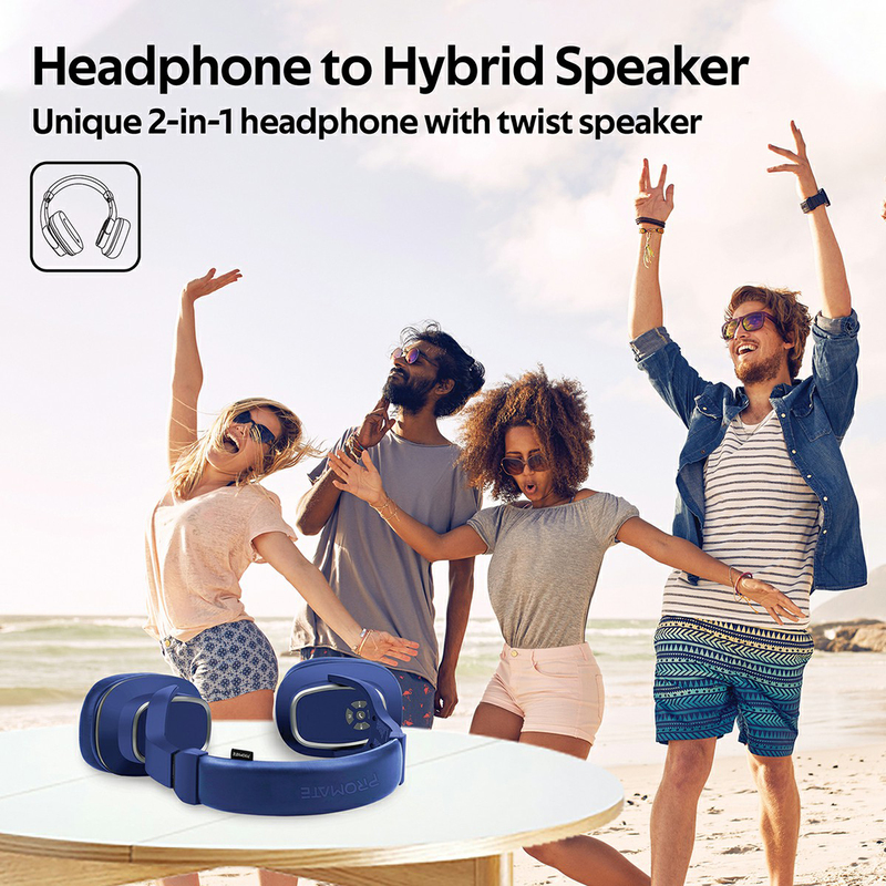 Promate Corvin Wireless 2-in-1 High Definition Over-Ear Headphones with Built-in Mic and 6W Speaker, MicroSD Card Slot, Blue