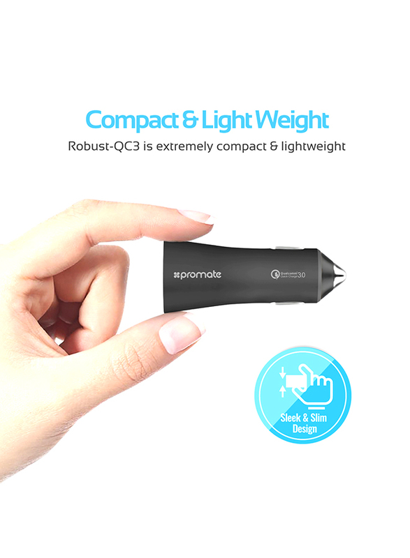 Promate Robust-QC3 Car Charger, Heavy-Duty Qualcomm Quick Charger 3.0 Dual USB Port Car Charger with Short Circuit and Over Charging Protection for GPS, iPod, Mobile Phones and Tablets, Black
