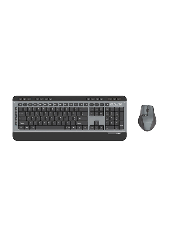 Promate ProCombo-9 Sleek 2.4Ghz Wireless Multimedia Full Size English Keyboard and Quite 1600 DPI Mouse Combo with Low Battery Indicator, Nano USB Receiver and Auto Sleep Function, Black