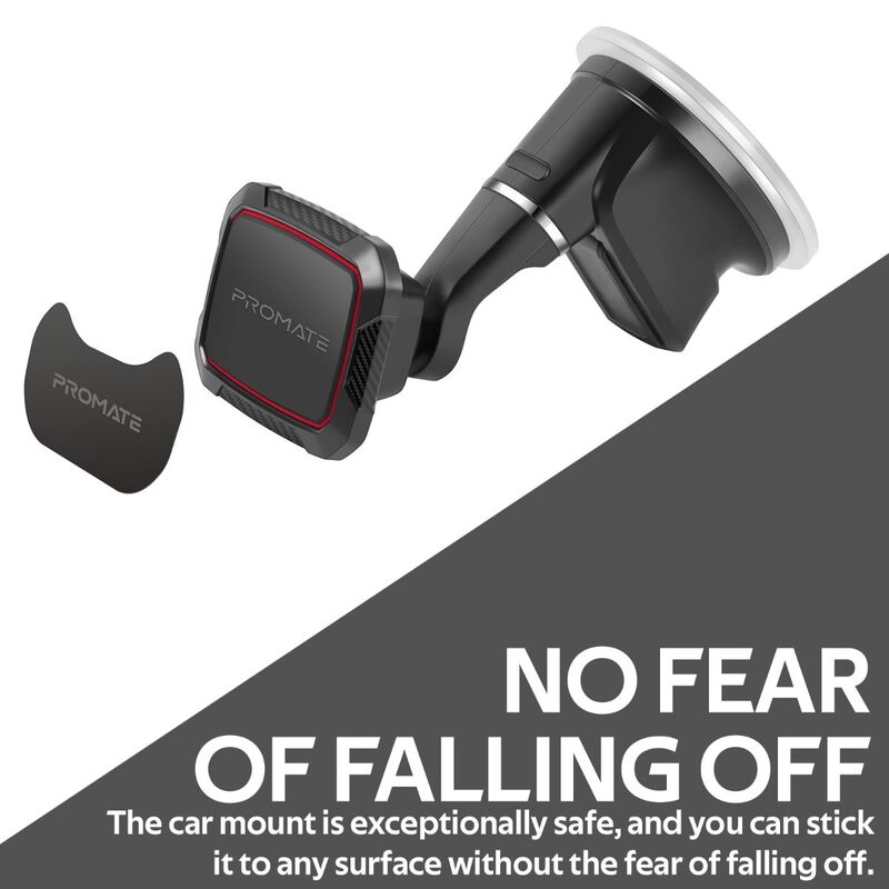 Promate MagMount Magnetic Car Phone Mount, Universal Windshield Magnetic Suction Cup Mount with 6 Neodymium Magnets, Anti-Slip Grip and 360 Rotation View, Maroon